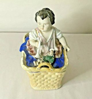 Antique Porcelain Figurine Baby Girl in Laundry Basket with Toys Box 3