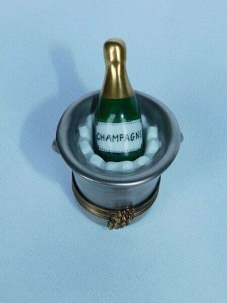 Limoges France " Pv " Marque Deposee Champagne Bottle Bucket Trinket Porcelain Box