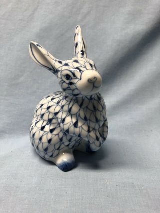 Adorable Andrea By Sadek Blue & White Fishnet Bunny Rabbit Hand Painted