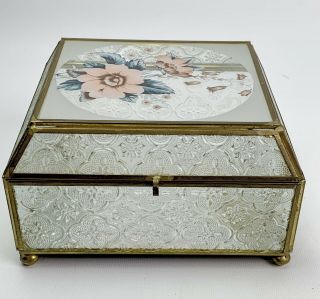 Vintage Flower Glass Brass Trinket Jewelry Box Mirrored Bottom Keepsake