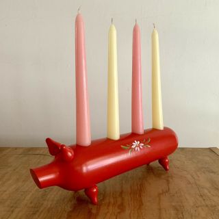 Vintage Swedish Red Wooden Pig 4 Candle Holder Hand Painted Flowers Leather Tail