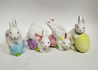 Vintage Brn Ceramic Bunny With Easter Eggs Figurines Set Of 4 Spring Rabbits