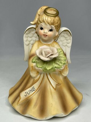 Lefton June Angel Figurine Music Box Plays Happy Birthday Yellow Vintage