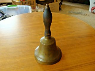 Antique Vintage Brass Teacher Hand Bell School Ringer Wood Wooden Handle Loud