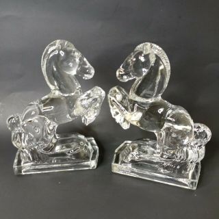 Vintage L.  E.  Smith Glass Horse Bookends Clear Mid Century Art Deco