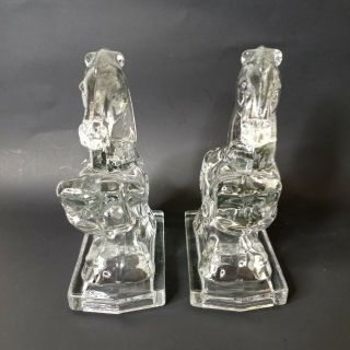Vintage L.  E.  Smith Glass Horse Bookends Clear Mid Century Art Deco 2
