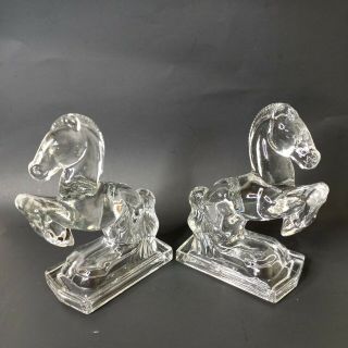 Vintage L.  E.  Smith Glass Horse Bookends Clear Mid Century Art Deco 3