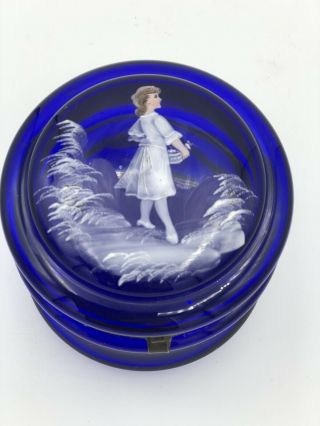 Mary Gregory Cobalt Blue Glass Hand Painted White Enamel Jewelry Trinket Box