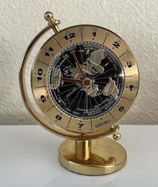 Seiko World Time Clock Rotating World Desk Clock W/ Brass Case