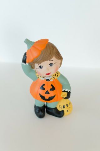 Vintage Halloween Handpainted Ceramic Girl In Pumpkin Costume,  Kitschy Halloween