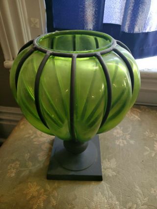 Blown Reticulated Green Glass/cast Iron Footed Art Deco Votive Candle Holder,  Euc