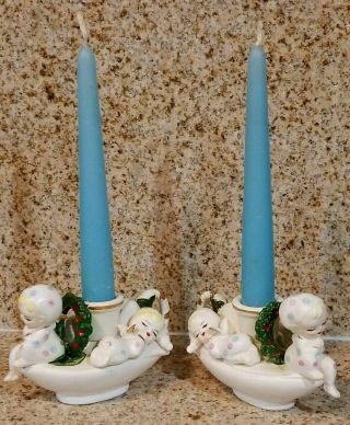 2 Vtg Japan Napco Angel Figurine Ceramic Candle Holders Christmas