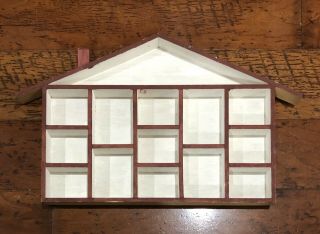 Vintage Wooden House Shaped Shadow Box Curio Display Wall Hanging 16 " X 11.  5 "
