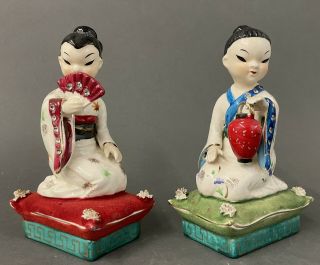 Rare Vintage Nikoniko Japan Geisha Girl Porcelain Jeweled Figurine Pair