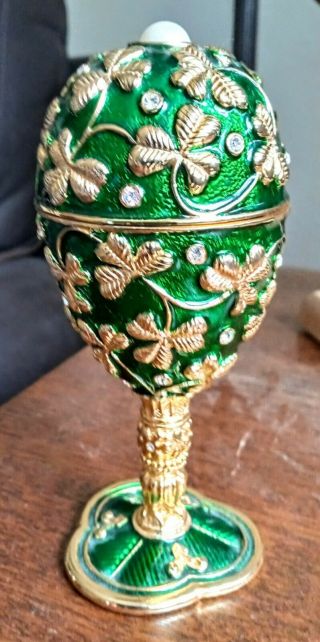 Sankyo Music Box Emerald Jeweled Rhinestone Enamel Metal Egg Jewelry Trinket Box