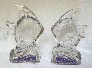 Set Of 2 Vintage Viking Art Deco Crystal Clear Glass Rare Fish On Wave Book Ends