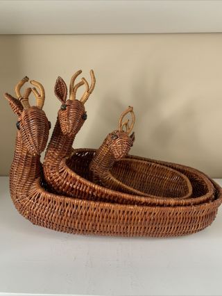 3 Vintage Wicker Rattan Reindeer / Deer Basket Planters Or Christmas Decor
