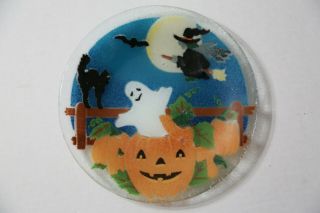 Peggy Karr Fused Glass Halloween Plate Ghost Witch Pumpkin Patch