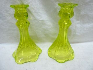 Us Glass Antique Canary Yellow Vaseline (2) Candlesticks 1910 - 1924