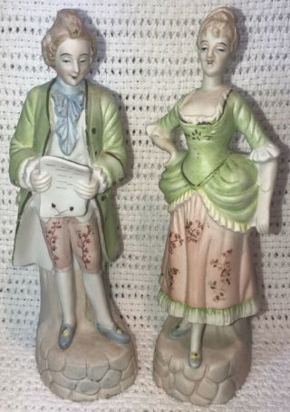 Pair Antique Vintage Ceramic Figurines Colonial Victorian Green Man Woman Japan