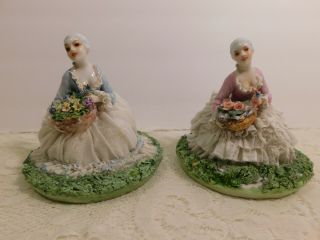 Luigi Fabris Figurines Dresden Porcelain Lace Ladies Baskets Of Flowers - Italy