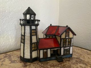 Vintage Miniature Tiffany Style Stained Glass Lighthouse Night Light