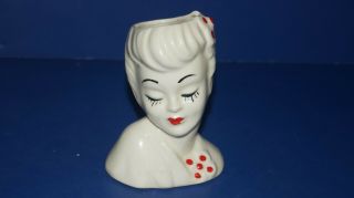 Vintage White1950s Betty Grable Lady Head Vase W/ Red Flowers By Napco