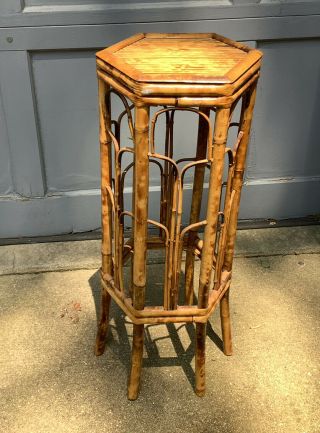 Vtg Mcm Mid Century Modern Rattan Wicker Bamboo Plant Stand Side Accent Table