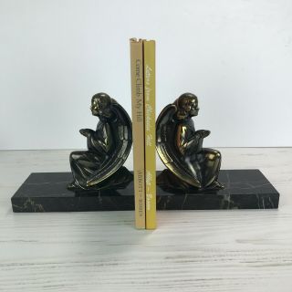 Vintage Brass Tin Angels Bookends Faux Marble Base