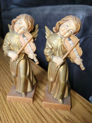 Otco Vintage Set Of 2 Hand Carved Wood/wooden Angels Italy Violin