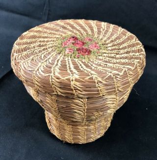 Pine Needle Vintage Hand Woven Basket With Pink And Red Flowers On Lid.