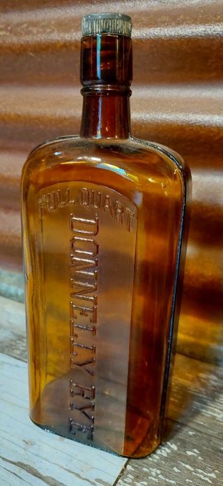 Old Amber Donnelly Rye Whiskey Bottle Flask Full Quart W Top