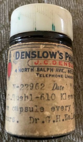 Vintage Brown Glass Prescription Bottle Denslow’s Pharmacy Bellevue,  Pa