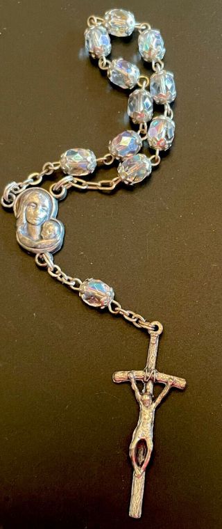 Vintage Catholic Capped Iridescent Crystal Chaplet,  Silver Tone Crucifix