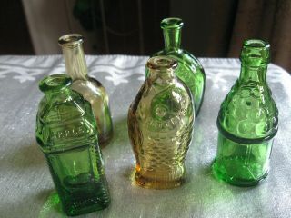 5 Vtg Wheaton Mini Bottles Green Amber Bitters Ben Franklin Jug Fisch 