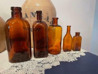 5 Antique Apothecary Bottles,  Hand Blown,  Vintage Amber Glass,  Medicinal