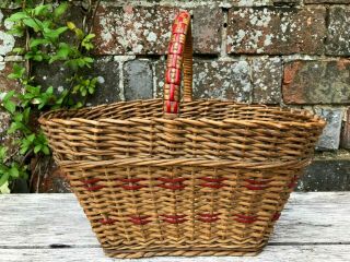 Vintage English Wicker Shopping Basket Red Woven Detailing Storage Kitchenalia