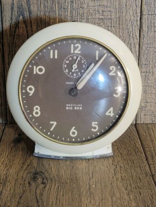 Vintage Westclox Big Ben Style Chime Alarm Clock Ivory Brass Brown
