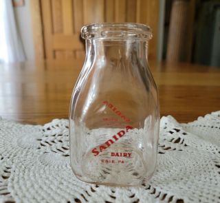 Vintage Sanida Dairy Erie,  Pa Glass 1/2 " Pint Cream Milk Bottle 4 3/8 " T×2.  5 " W