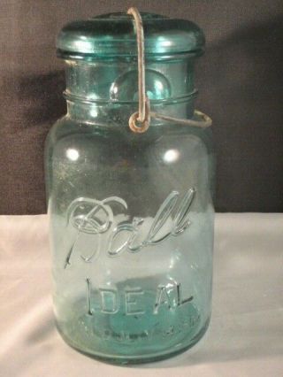 Vintage Ball Ideal Quart Blue Glass Canning Mason Jar Pat 1908 Wire Bail,  Lid Usa