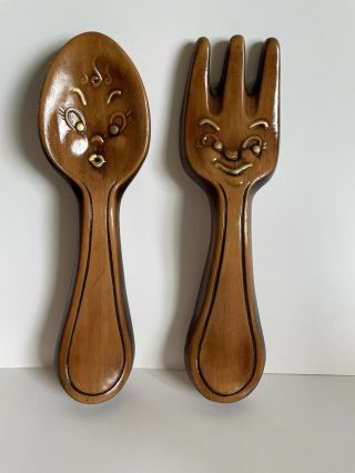 Vintage Anthropomorphic Chalkware Spoon And Fork Wall Plaques