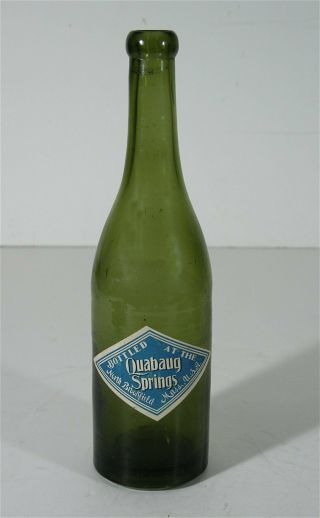 1890s Pre Prohibition Quabaug Spring Water Soda Bottle With Paper Label