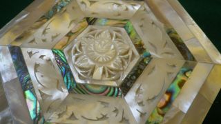 Vintage Hexagonal Ablaone Mother Of Pearl Inlaid & Carved Jewellery Trinket Box