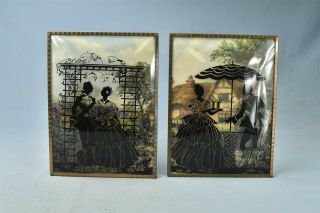 Vintage Pair Victorian Silhouette Framed Pictures Convex Glass Couple 01054