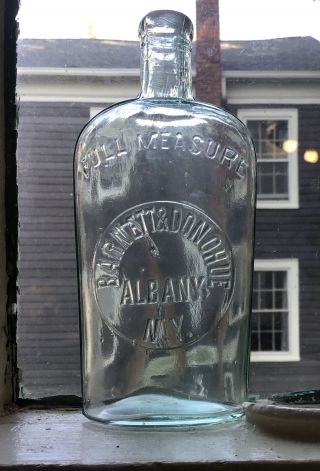 1880s Aqua Strap Sided Half Pint Flask Barnett & Donohue,  Albany Ny,