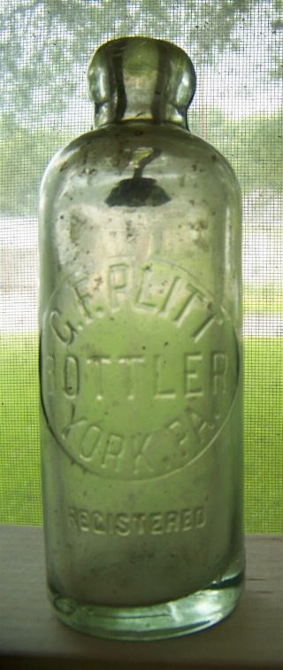 York Pennsylvania Plitt Embossed Hutchinson Blob Top Soda Bottle Hutch Pa 3037