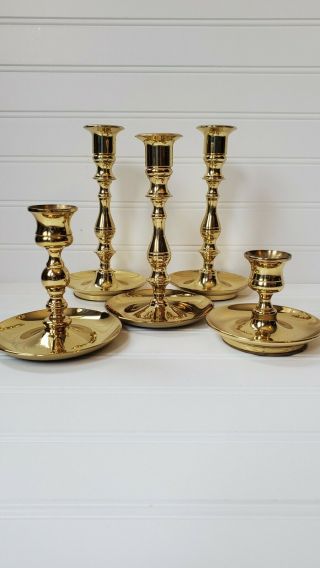 Set Of 5 Baldwin Polished Bright Brass Candle Stick Holders Sizes 7 " 6 " 4 " 3 "