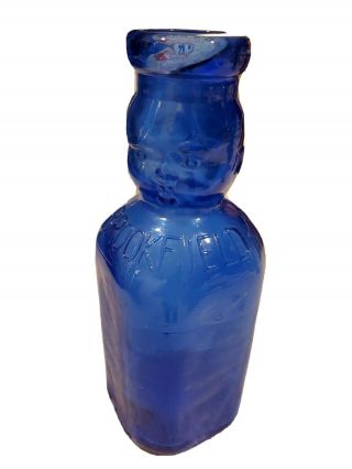 Vintage Brookfield Baby Top Milk Bottle Quart Baby Face Cobalt Blue 9.  5”