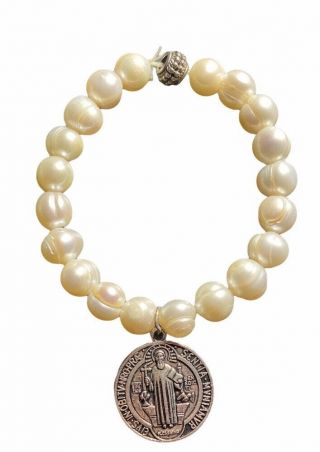 St Benedict Protection From Evil Coin On Pearl Bracelet