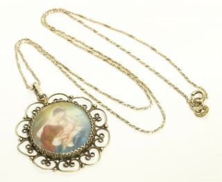 Vintage Sterling Silver Hand Painted Virgin Mary & Jesus Pendant Necklace 925